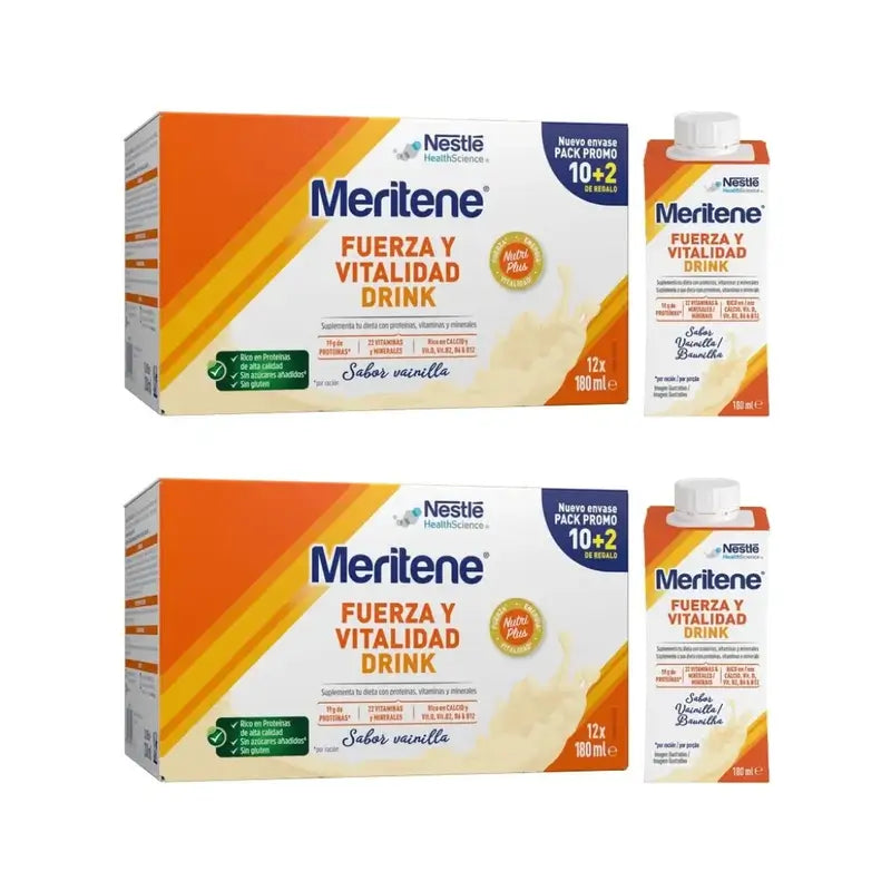 Meritene Strength & Vitality Drink Vanilla, Pack 2 boîtes 10+2 x 180 Ml