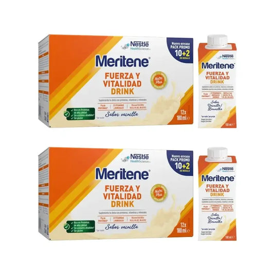 Meritene Strength & Vitality Drink Vanilla, Pack 2 boîtes 10+2 x 180 Ml