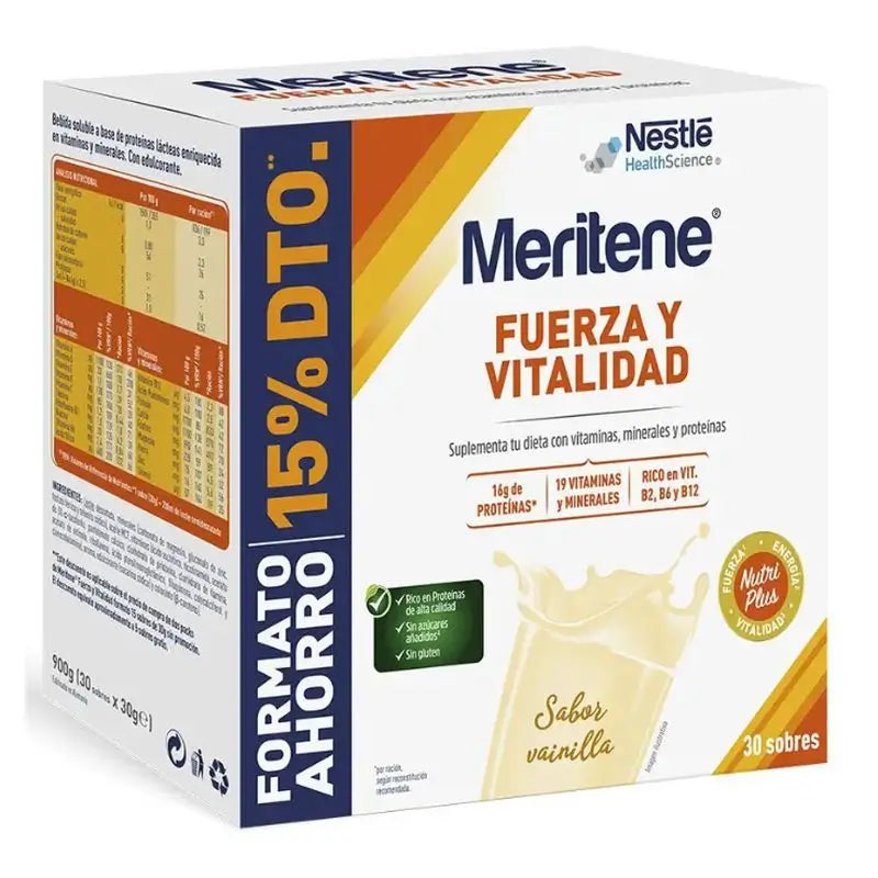 Meritene Strength & Vitality Vanilla Savings packet, 30 sachets