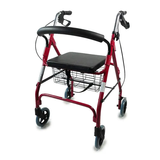 4-Wheeled Foldable and Height Adjustable Walking Frame with Basket, Seat and Backrest Padding, Red