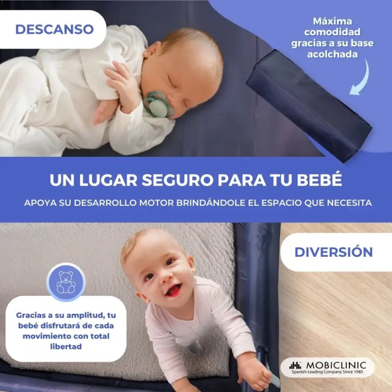 Mobiclinic Lit de voyage à roulettes - Portable - Pliable - Robuste - Tissu respirant - Sac de transport - Bleu - Mofli