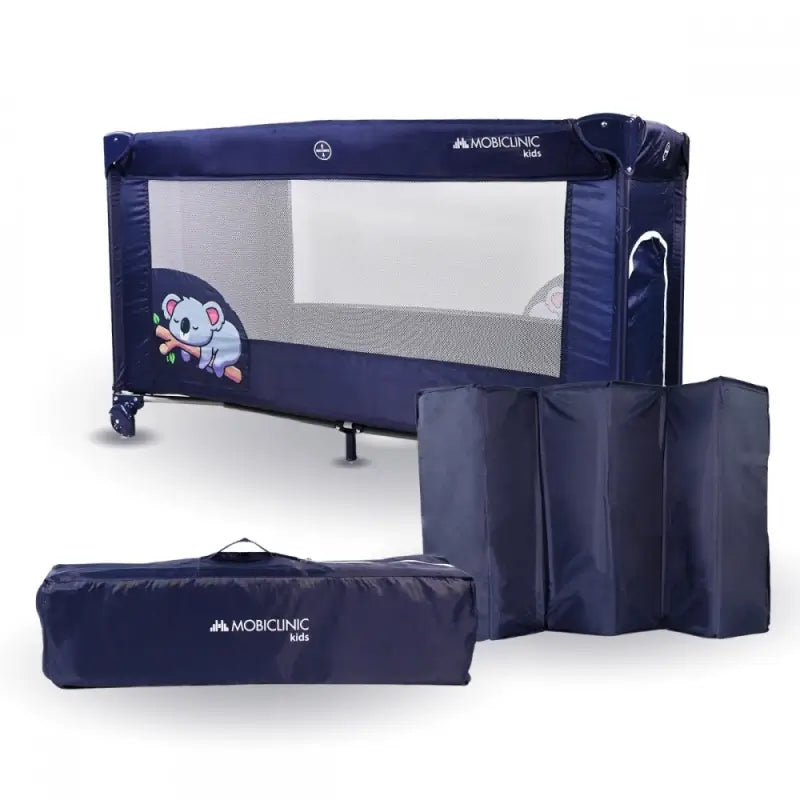 Mobiclinic Lit de voyage à roulettes - Portable - Pliable - Robuste - Tissu respirant - Sac de transport - Bleu - Mofli