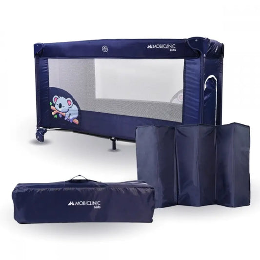 Mobiclinic Lit de voyage à roulettes - Portable - Pliable - Robuste - Tissu respirant - Sac de transport - Bleu - Mofli