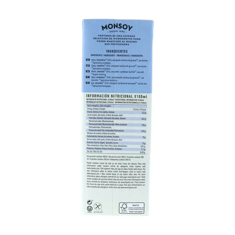 Monsoy Vegetable Almond Drink 1Lt 6Pcs Bio S/A