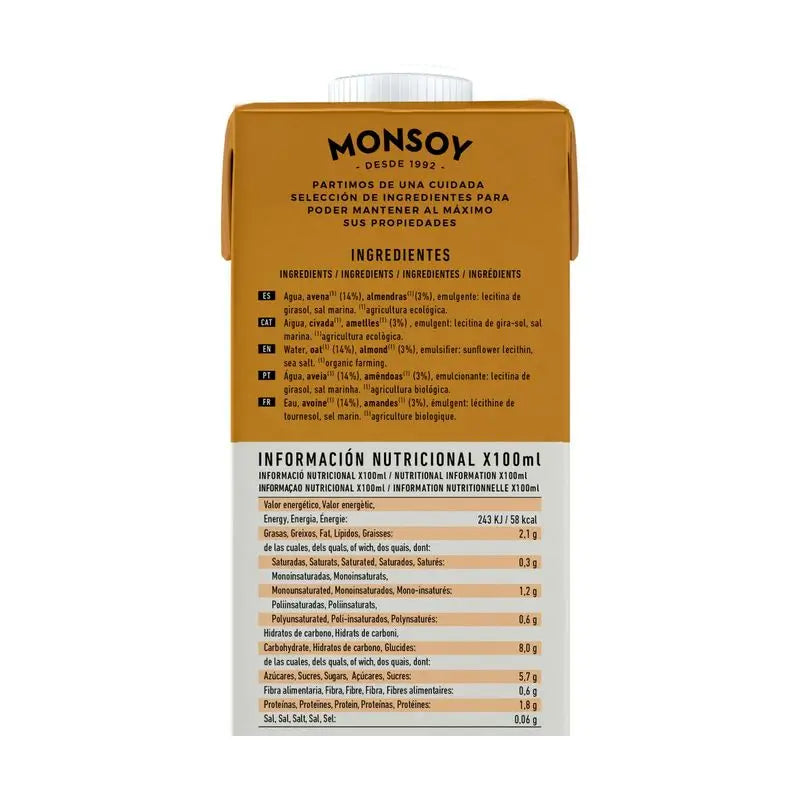 Monsoy Boisson végétale aux amandes avec flocons d'avoine 1Lt 6Ucs.Bio