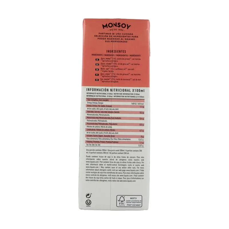 Monsoy Boisson végétale aux flocons d'avoine 0% sucre 1Lt 6Pcs Bio