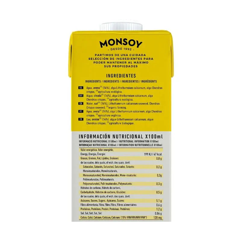 Monsoy Boisson végétale aux flocons d'avoine avec calcium 1Lt 6Uds. Bio