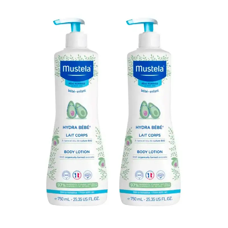 Mustela Hydra Lait corporel pour bébé à l'Avocat Bio, Pack 2 x 750 ml