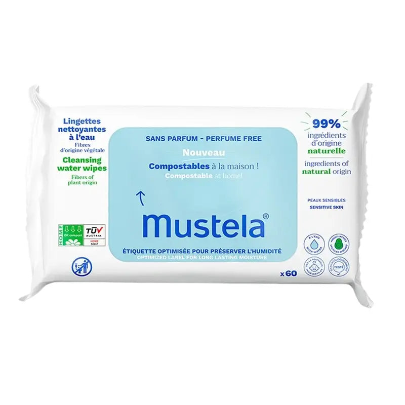 Mustela Lingettes d'eau en coton bio, 60 unités