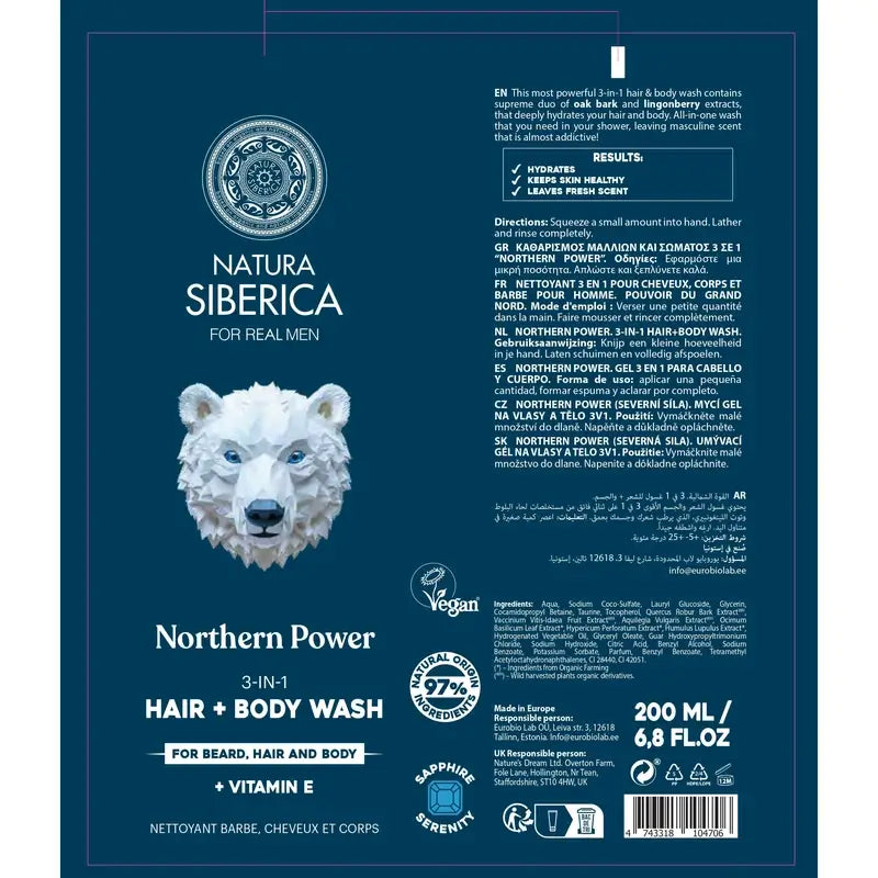 Natura Siberica Men Wild Arctic. Gel 3 en 1 pour les cheveux, le corps et le visage, 200 ml