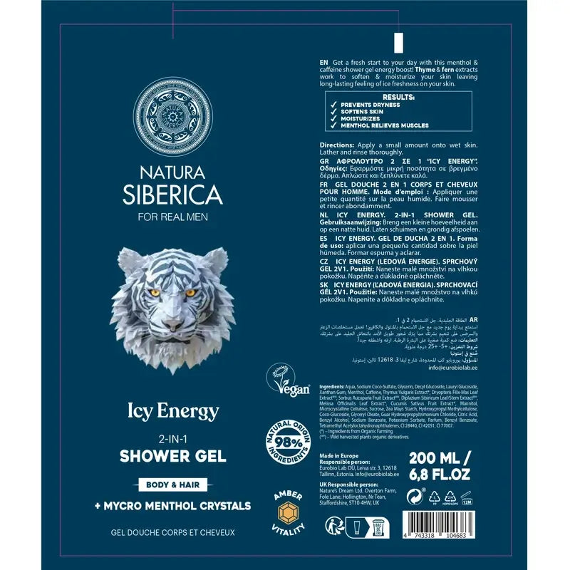 Natura Siberica Men Wild Arctic. Gel douche 2 en 1 pour cheveux et corps, 200 ml