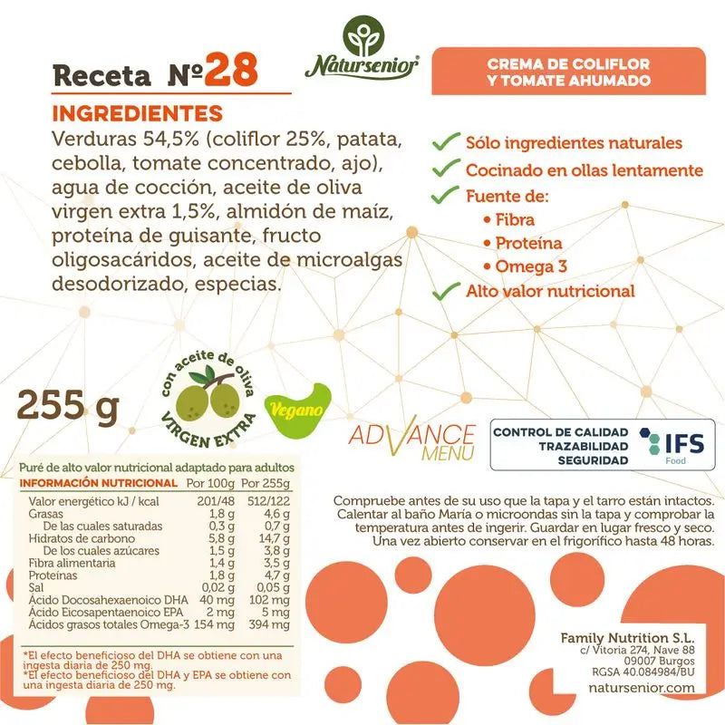 Natursenior Adult Crème de légumes au chou-fleur et à la tomate fumée avec Oméga 3 Dha, prébiotiques et protéines. 255 gr