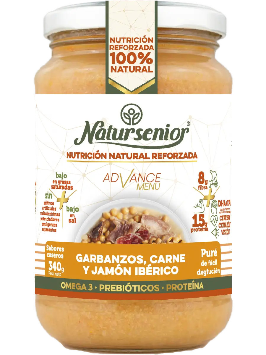 Natursenior Adulte Purée de pois chiches à la viande et au jambon ibérique avec Oméga 3 Dha+Epa, Prébiotiques et Protéines. 340 gr