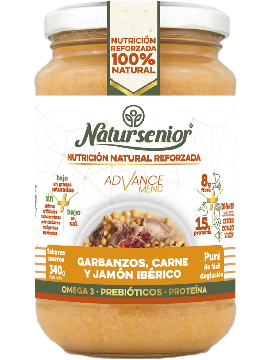 Natursenior Adulte Purée de pois chiches à la viande et au jambon ibérique avec Oméga 3 Dha+Epa, Prébiotiques et Protéines. 340 gr