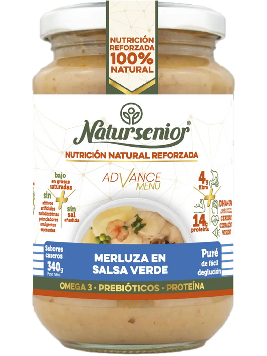 Natursenior Adulte Purée de Merlu en Sauce Verte Renforcée en Oméga 3 Dha+Epa, Prébiotiques et Protéines. 340 gr