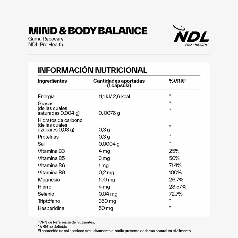 NDL Pro-Health Mind & Body Balance, Tryptophane avec Magnésium et Vitamine B6, 30 Capsules