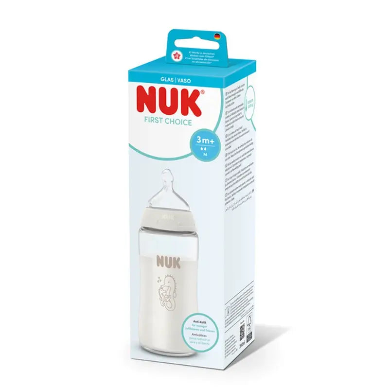 Biberon NUK First Choice+ en verre, 240 ml, tétine M (à partir de 3 mois), motif « Cheval de mer »
