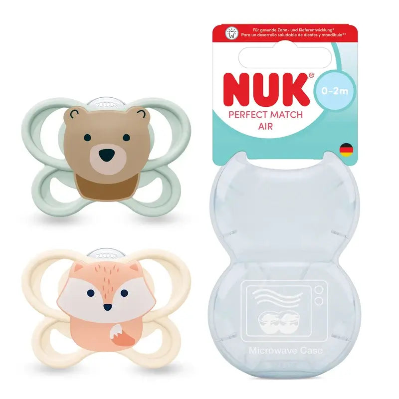 Sucette NUK Perfect Match Air en silicone T0 0-2 mois Renard/Ours, lot de 2