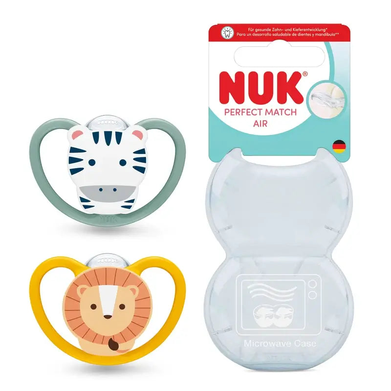 Sucette NUK Perfect Match Air en silicone T2 6-18 mois Zèbre/Lion, lot de 2
