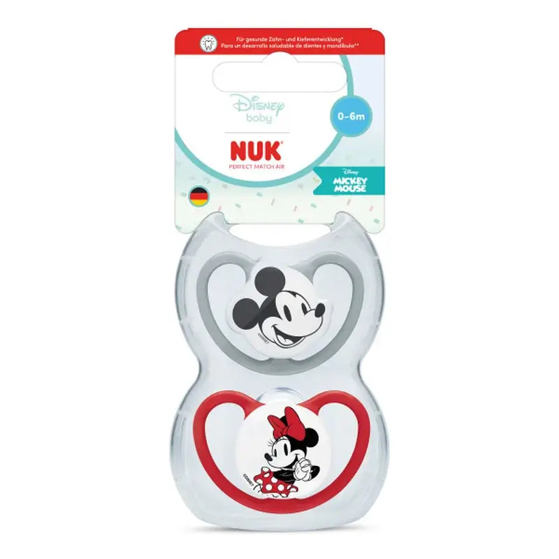Sucette NUK Perfect Match Air en silicone T1 0-6 mois Mickey Mouse rouge/gris, lot de 2