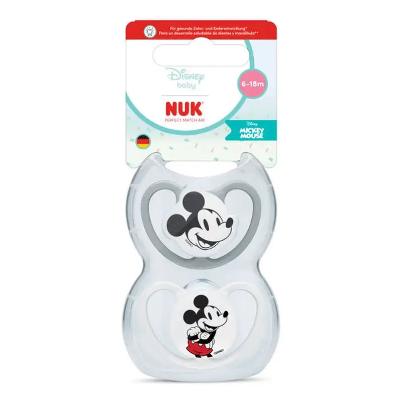 Sucette NUK Perfect Match Air en silicone T2 6-18 mois Mickey Mouse Gris/Blanc, lot de 2