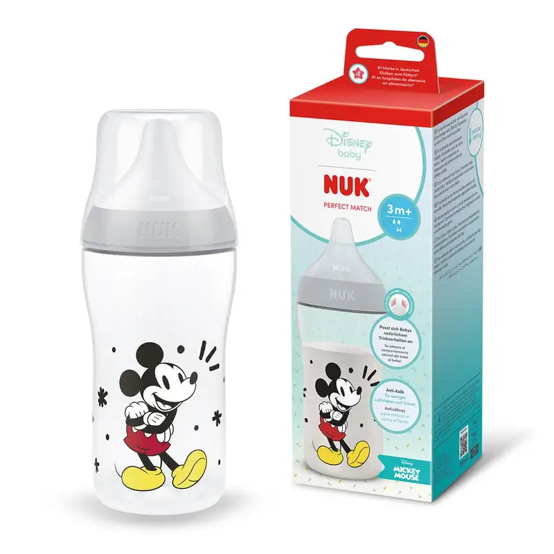 Biberon NUK Perfect Match 260 ml, tétine M 3 mois et plus, Mickey Mouse, gris