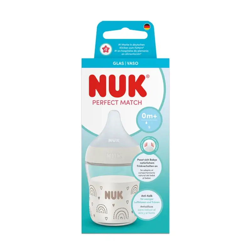 Biberon en verre NUK Perfect Match 120 ml, tétine S 0m+, arc-en-ciel