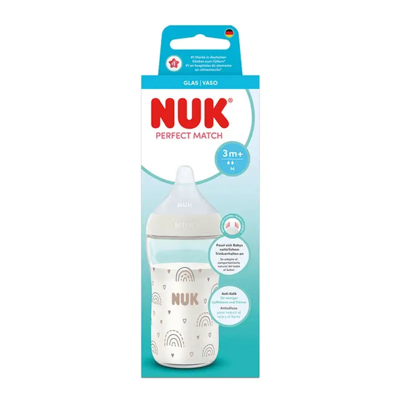 Biberon en verre NUK Perfect Match 230 ml, tétine M 3 mois et plus, arc-en-ciel