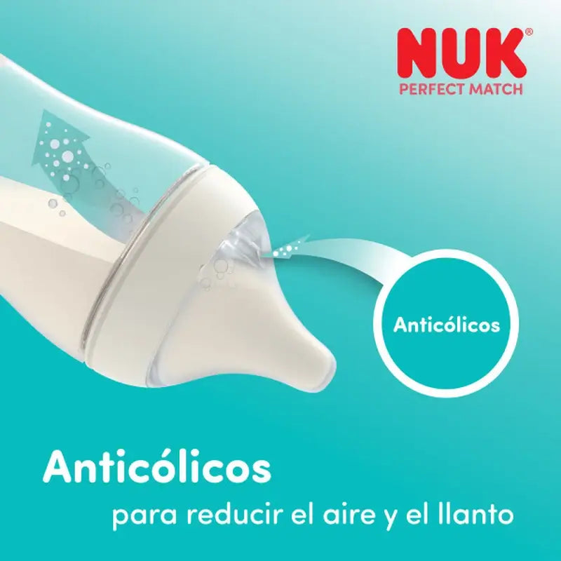Biberon en verre NUK Perfect Match 230 ml, tétine M 3 mois et plus, arc-en-ciel