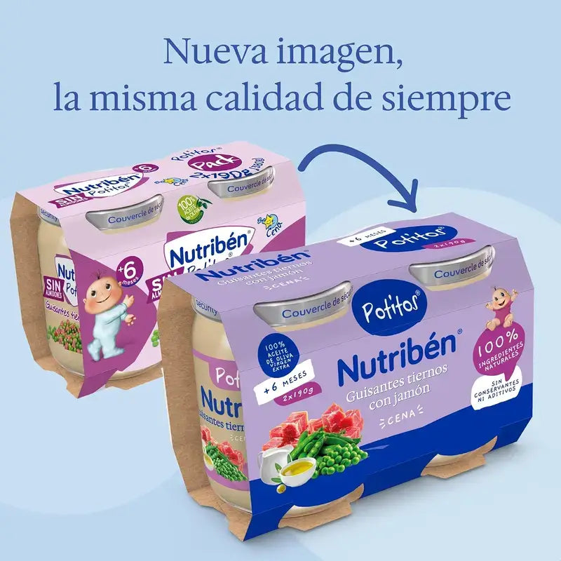 Nutribén Potito Dîner : petits pois au jambon, 2 x 190 g
