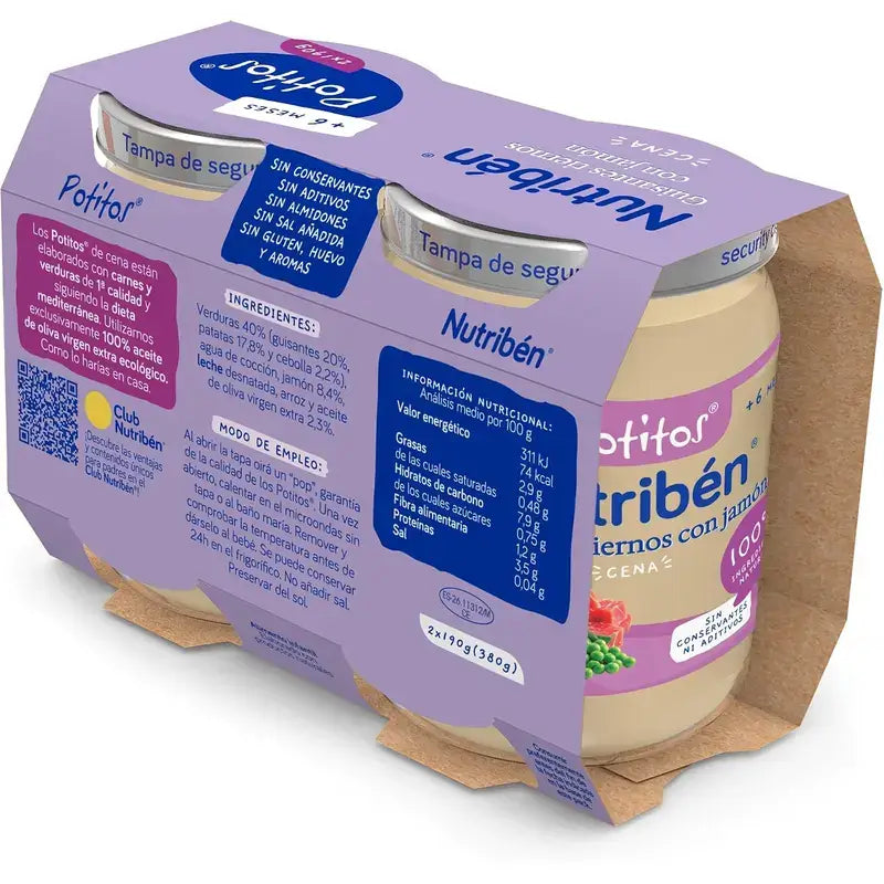 Nutribén Potito Dîner : petits pois au jambon, 2 x 190 g