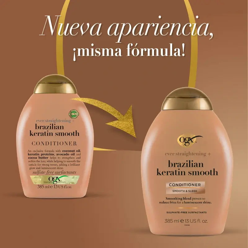 OGX Brazilian Keratin Conditioner, pour cheveux ondulés ou bouclés, lisse, renforce et hydrate, 385ml