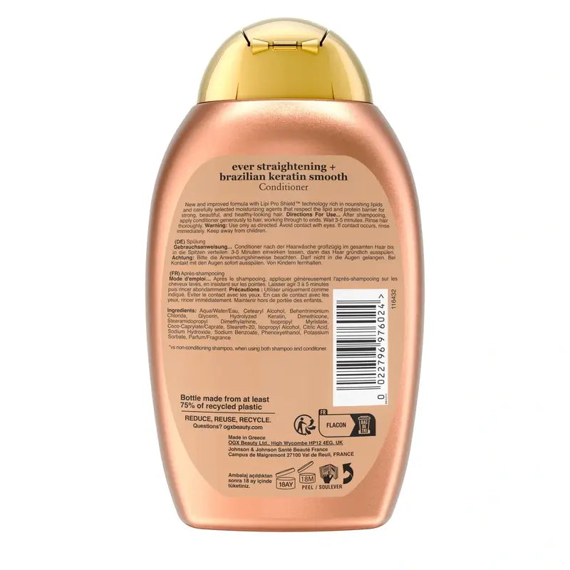 OGX Brazilian Keratin Conditioner, pour cheveux ondulés ou bouclés, lisse, renforce et hydrate, 385ml