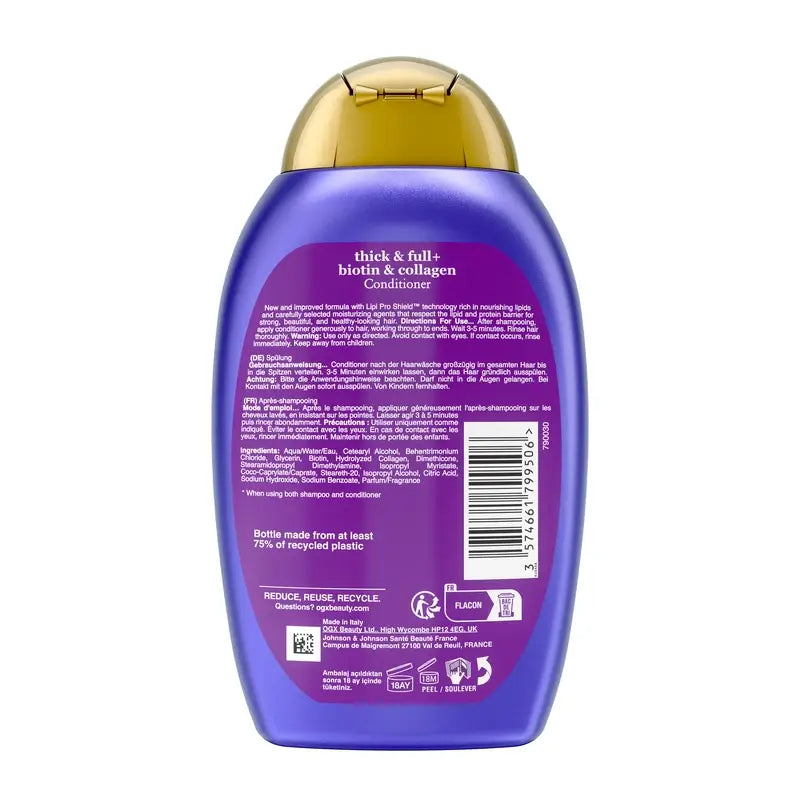 OGX Sulfate, Biotin and Collagen Free Conditioner, Voluminous and Healthy Hair, 385ml