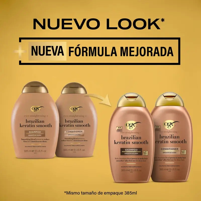 OGX Shampooing à la kératine brésilienne, lisse et nourrissant, cheveux ondulés ou bouclés, lisses et brillants, 385ml