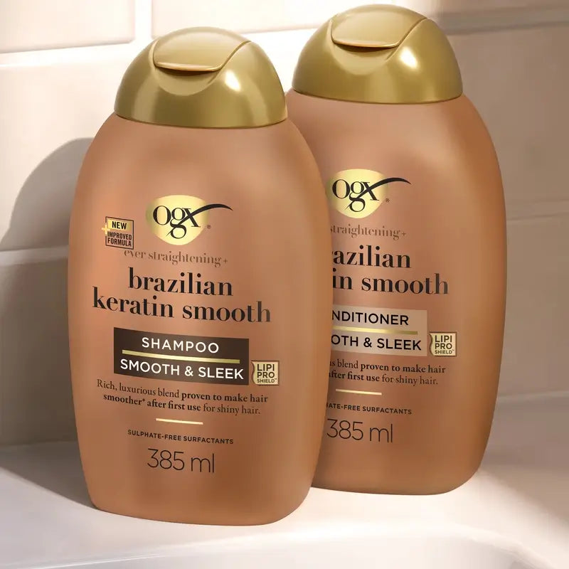 OGX Shampooing à la kératine brésilienne, lisse et nourrissant, cheveux ondulés ou bouclés, lisses et brillants, 385ml
