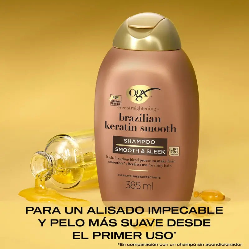OGX Shampooing à la kératine brésilienne, lisse et nourrissant, cheveux ondulés ou bouclés, lisses et brillants, 385ml