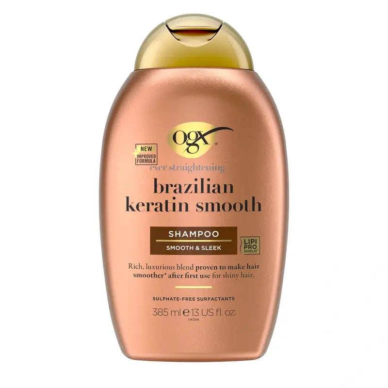 OGX Shampooing à la kératine brésilienne, lisse et nourrissant, cheveux ondulés ou bouclés, lisses et brillants, 385ml