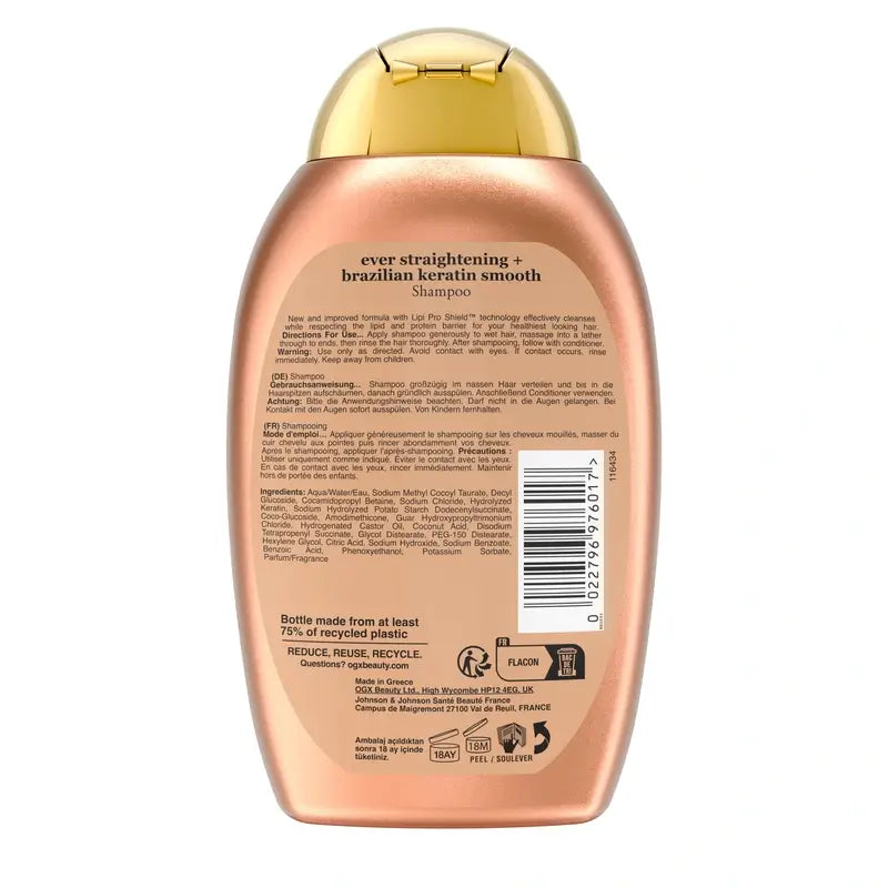 OGX Shampooing à la kératine brésilienne, lisse et nourrissant, cheveux ondulés ou bouclés, lisses et brillants, 385ml