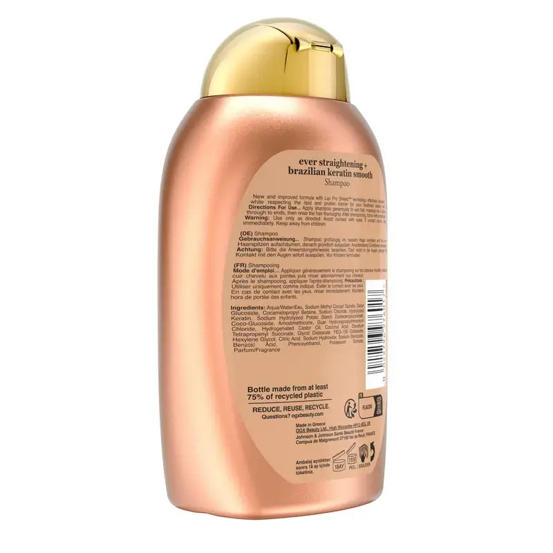 OGX Shampooing à la kératine brésilienne, lisse et nourrissant, cheveux ondulés ou bouclés, lisses et brillants, 385ml