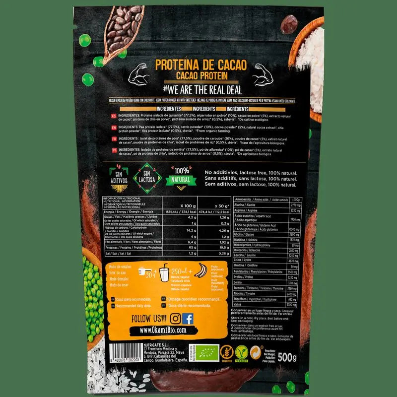 Okami Bio Pea Protein-Riz-Cacao-Algarr 500Gr. Bio