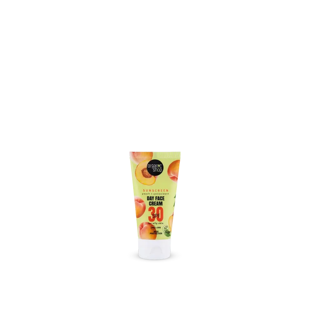 Organic Shop Crème de jour pour le visage à la pêche Protection solaire + antioxydants Spf30, 50 Ml