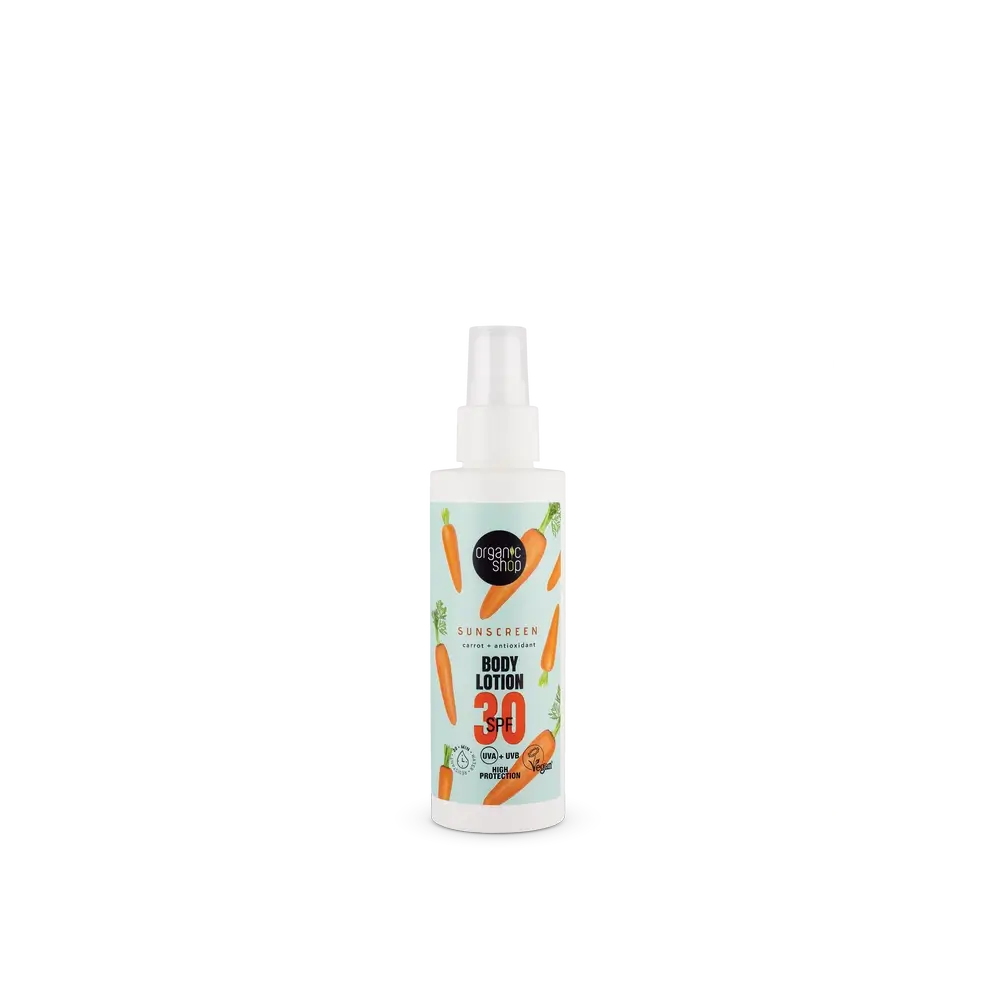 Organic Shop Lait solaire à la carotte et aux antioxydants Spf30, 150 Ml