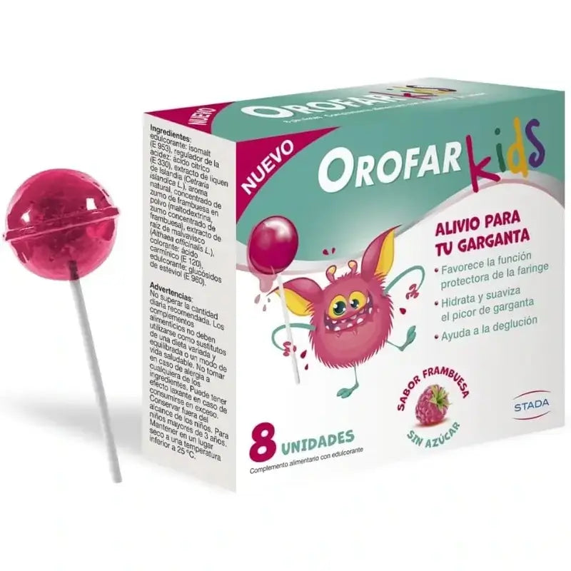 Orofar Kids Sucettes sans sucre à la framboise contre les démangeaisons de la gorge, 2x8 sucettes