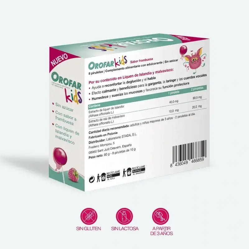 Orofar Kids Sucettes sans sucre à la framboise contre les démangeaisons de la gorge, 2x8 sucettes