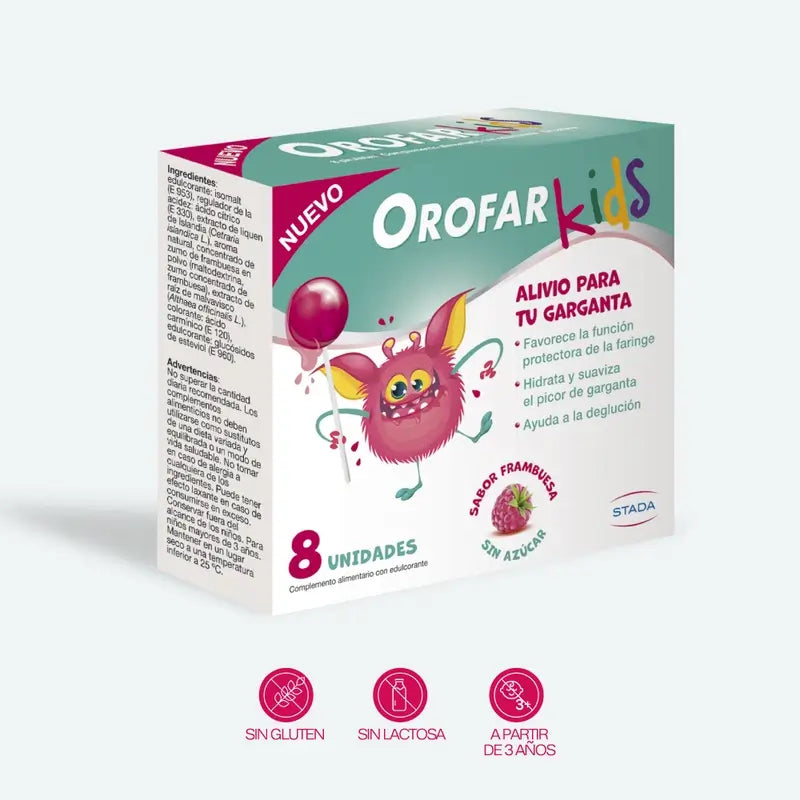 Orofar Kids Sucettes sans sucre à la framboise contre les démangeaisons de la gorge, 8 sucettes