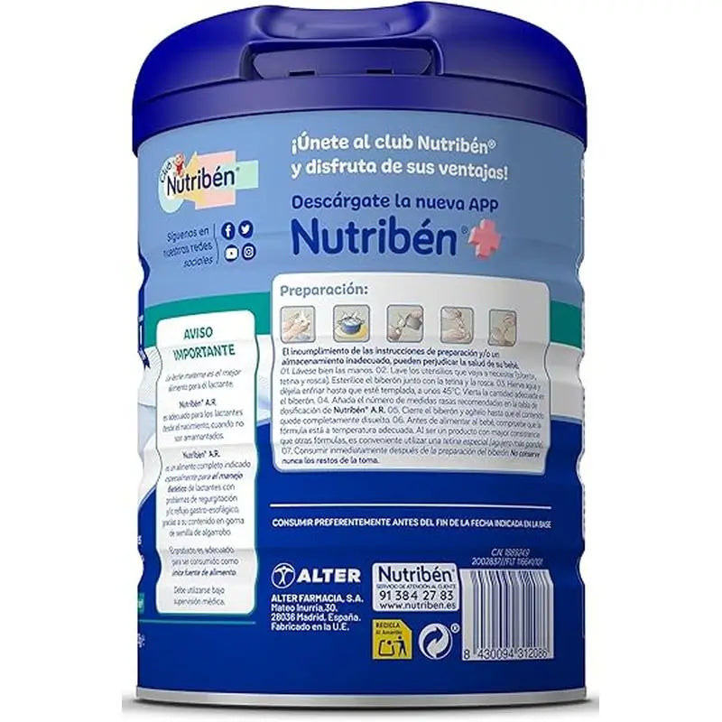 Nutribén AR Lait anti-reflux et anti-régurgitations, 12 X 800 grammes