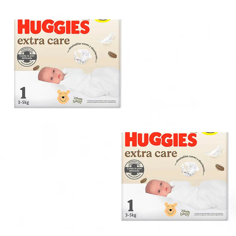Huggies Extra Care Couche pour nouveau-né Taille 1 (3-5KG), paquet de 2 x 56 pièces