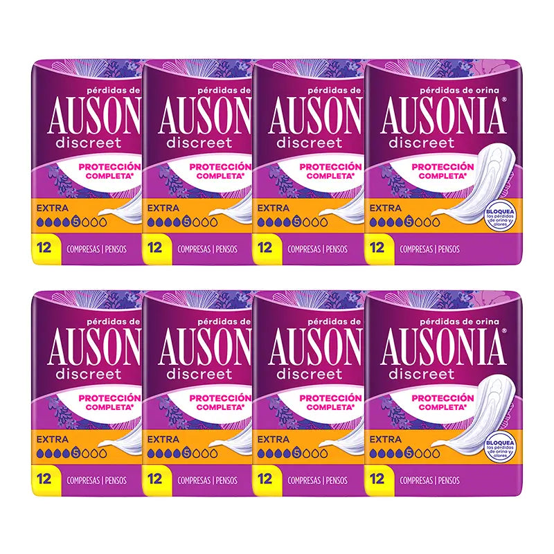 Ausonia Pack Serviettes hygiéniques discrètes pour femmes Extra, 8 x 12 unités