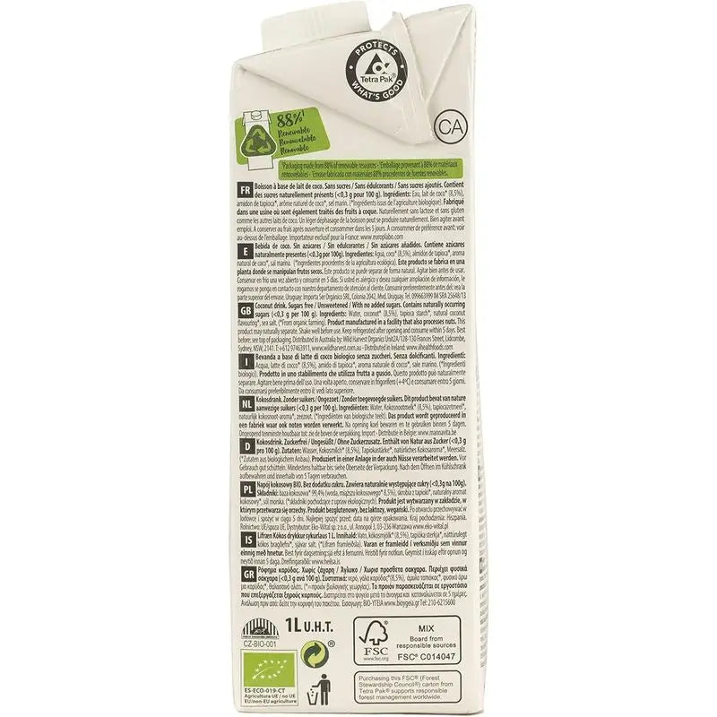 Ecomil Coconut Nature Bio, Pack 1Litre x 8 Unités